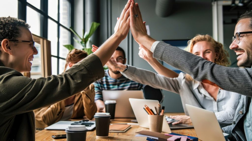 Happy business team giving a group high-five across the meeting table in an office.